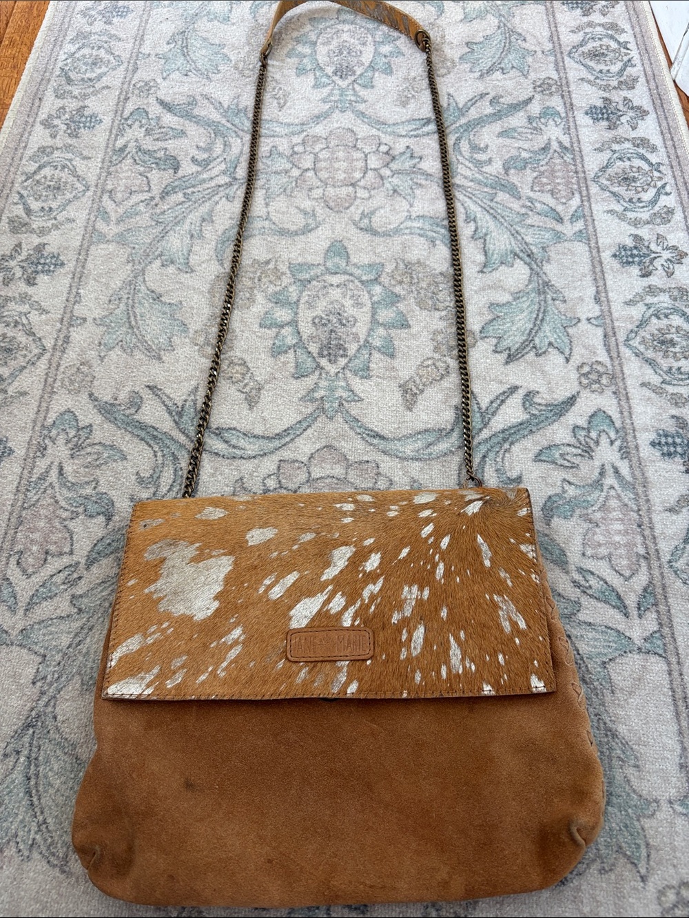 Jane Marie Crossbody Bag Purse Animal Print Leather Fur CalfHair Suede Tan Brown